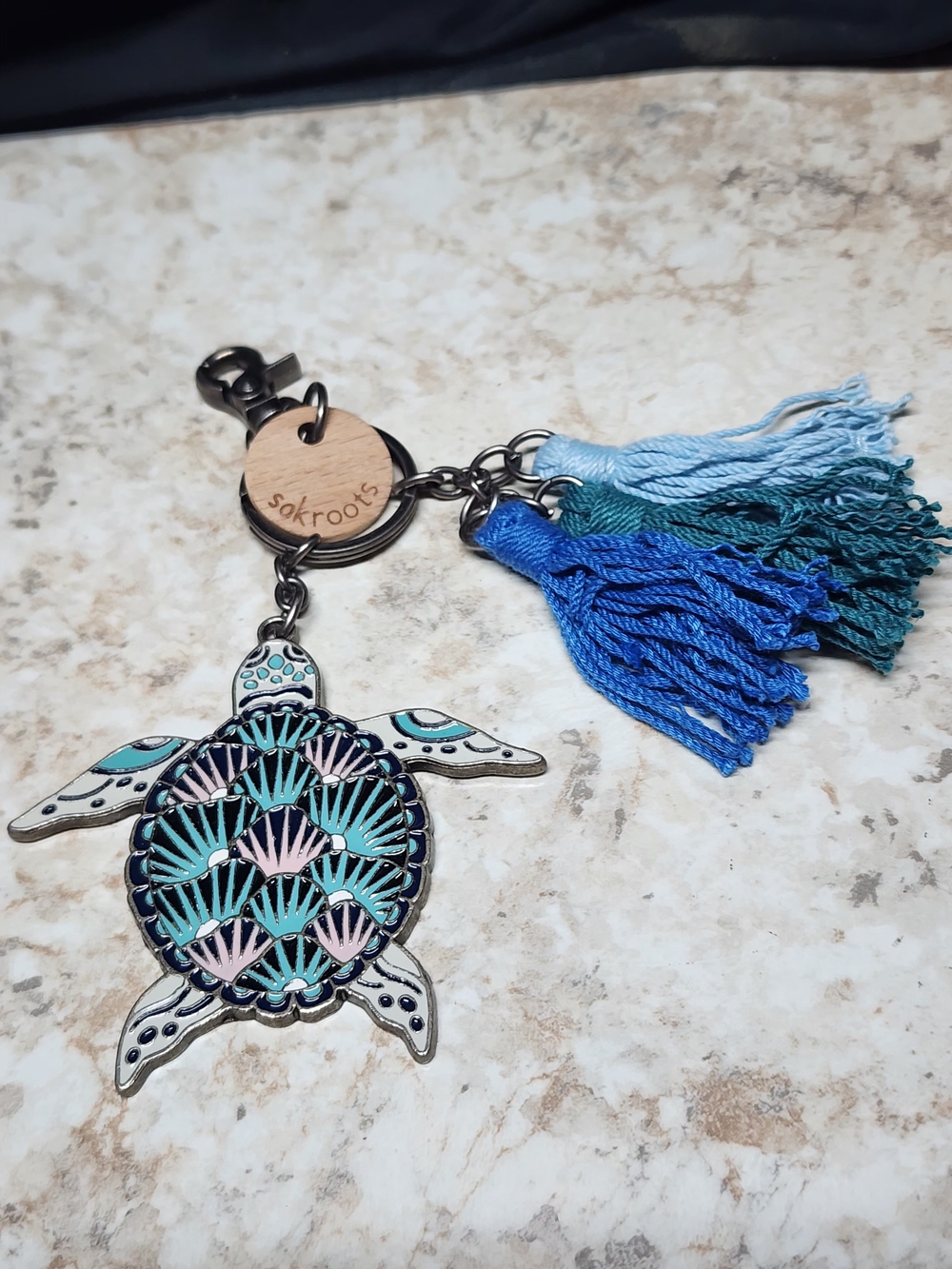 Sakroots Blue Teal & Light Blue Turtle Tassel Keychain